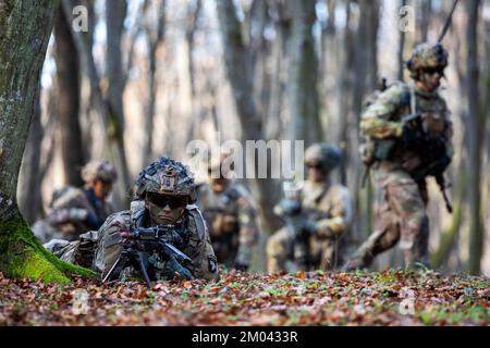 Rumänien. 23.. November 2022. USA Soldat PFC der Armee Alexander Fisher, zugewiesen zu Einem Co., 1-502. Bataillon, 2.. Brigaden-Kampfteam, 101.. Luftwaffendivision (Luftangriff), führt Übung Black Scorpion mit Verbündeten der nordamerikanischen Vertragsorganisation NATO auf einer vorderen Operationsbasis in Rumänien vom 21. November bis 26. November 2022 durch. Soldaten teilen ihr Wissen und ihre Erfahrungen, um die Einsatzbereitschaft zu stärken und mit unseren NATO-Verbündeten Zusammenhalt zu zeigen. Sie verbessern ihre Geschwindigkeit, Haltung, Transparenz und Ausrichtung durch neue strategische Konzepte, die Einführung neuer Befehle und fortlaufende Investitionen Stockfoto