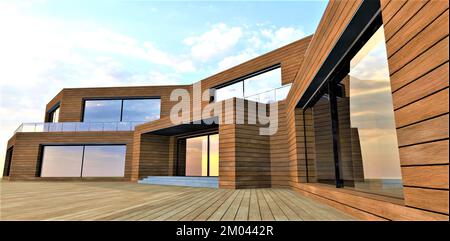 Die Holzfassade des exklusiven Vorstadtgeländes passt gut zu dem Terrassenbrett als Bodenbelag im Innenhof des Hauses. 3D-Renderi. Stockfoto