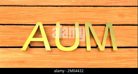 Goldene Inschrift AUM auf Holzhintergrund. 3D-Rendering. Stockfoto