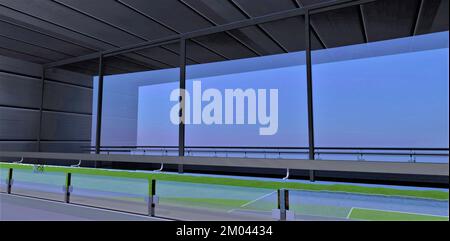 Atemberaubendes Design des modernen Balkons mit großer Panoramatür mit blauer Leere. 3D-Rendering. Stockfoto