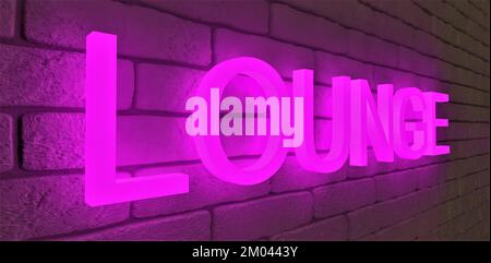 Die Lounge ist an der weißen Backsteinwand in hellem Lila beleuchtet. 3D-Rendering. Stockfoto