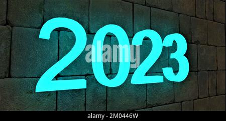 2023 die türkisfarbene Zahl an der grauen Steinwand. Gute Idee für Neujahr. 3D-Rendering. Stockfoto
