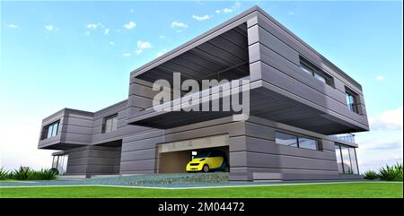 Stilvolles futuristisches Vorstadthaus mit Aluminiumlegierung. Blick auf die Garage mit Auto. 3D-Rendering. Stockfoto