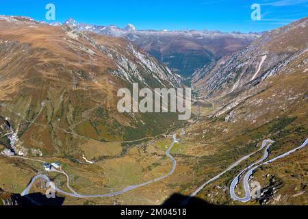 Blick vom Aufstieg auf den Nufenen Pass in die Agenetal, Ulrichen, Obergoms, Valais, Schweiz, Europa Stockfoto