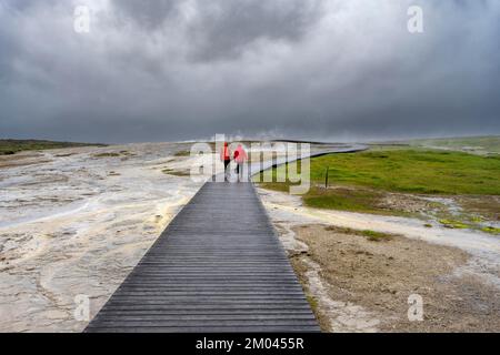 Touristen auf einer Holzfällerstraße zwischen den heißen Quellen, dem geothermischen Gebiet Hveravellir, den isländischen Highlands, Suðurland, Island, Europa Stockfoto