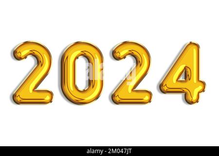 2024. Banner, realistische 3D goldene Heliumballons, goldene Logofarbe. Zahlen isoliert auf weißem Hintergrund. Schriftzeichen. Weihnachtsplakat. Kalenderdatum Kontra Stockfoto