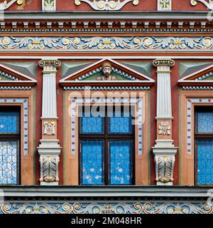 Prächtige Fassadendekoration im Haus zum Breiten Herde, Renaissancegebäude auf dem Fischmarkt, Erfurt, Thüringen, Deutschland, Europa Stockfoto