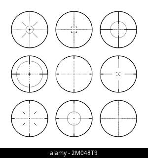Verschiedene Scharfschützengewehr Visiere, Waffe optischen Scope Fadenkreuz. Sucher für Jagdwaffen. Symbol für das Aufschießzeichen, zielen. Militärisches Zielschild. Spieloberfläche Stock Vektor