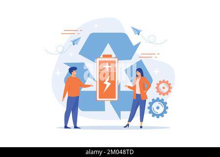 Geschäftsmann und Frau, die umweltfreundliche Batterien im Recycling-Symbol verwenden. Umweltfreundliche Batterie, innovatives Ökodesign-Konzept. Flachvektor m Stock Vektor