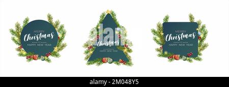 Weihnachtskarte mit verschiedenen Formen und Tannenzweigen auf dunklem Hintergrund. Vektordarstellung Stock Vektor