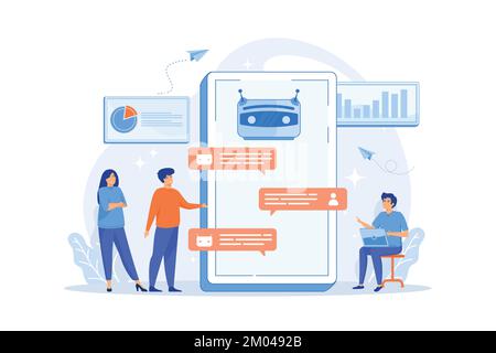 Kunden chatten mit Chatbot auf dem Smartphone-Bildschirm mit Sprechblasen. Customer Service Chatbot, E-Commerce Chatbot, Self-Service Experience Konzept. F Stock Vektor