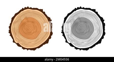 Runde Baumstämme in verschiedenen Farben, gesägte Kiefer- oder Eichenscheiben, Schnittholz. Sägeschnittholz, Holz. Braune Holzstruktur mit Baumringen. Von Hand gezeichnet Stock Vektor