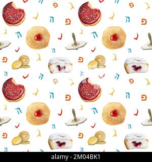 Hanukka-Donuts und Dreidelmuster. Sie zeichnen mit der Hand jüdische traditionelle Symbole auf weißem Hintergrund. Donuts-Druck. Sufganiyot, gelt, dreidel, hebräisch l Stockfoto