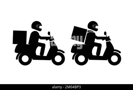 Fahrer auf motorisiertem Roller setzt Vektorsymbol. Mann mit Helm auf Motorrad. Symbol für Fast Food Delivery Service. Stock Vektor
