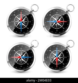 Realistischer Vintage-Kompass aus Silber mit mariner Windrose und Himmelsrichtungen nach Norden, Osten, Süden, Westen. Kompass aus glänzendem Metall Stock Vektor