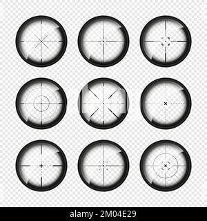 Verschiedene Waffenvisiere, Scharfschützengewehr optische Scopes. Jagdgewehr-Sucher mit Fadenkreuz. Ziel, schießen Marke Symbol. Militärisches Zielzeichen, Silhouette Stock Vektor