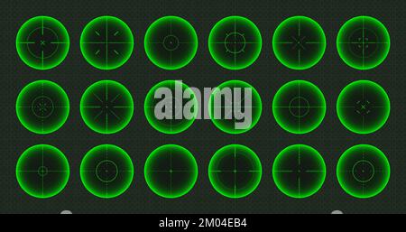 Verschiedene Waffen Nachtsicht, Scharfschützengewehr optische Scopes. Jagdgewehr-Sucher mit Fadenkreuz. Ziel, schießen Marke Symbol. Militärisches Zielschild Stock Vektor
