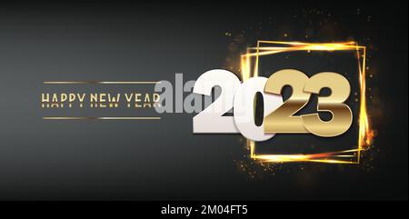 2023 mit leuchtendem Rahmen. Vektordarstellung Frohe Weihnachten und frohe Neujahrsgeschichte. Weihnachtsbanner, Flyer und Karte. Stock Vektor
