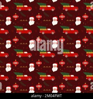 Christmas Vintage Nahtloses Muster mit Weihnachtsmann und Pickup-Truck. Vektordarstellung Stock Vektor