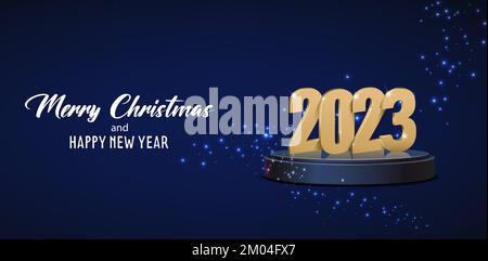 Illustration Frohe Weihnachten und frohes neues Jahr. Gold 2023 auf der Bühne. Weihnachtsgrüße Banner, Flyer und Karte Stock Vektor