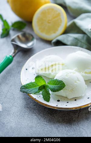 Hausgemachtes Zitruszitroneneis mit Minze auf dem Teller Stockfoto