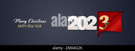 Illustration Frohe Weihnachten und frohes neues Jahr. Weihnachtsbanner, Flyer und Karte. 2023-Banner mit Papierschnitt. Stock Vektor