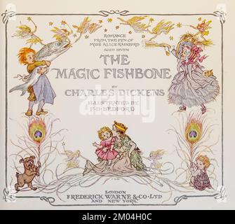 Illustriert von F. D. Bedford aus dem Buch " The Magic Fishbone " von Charles Dickens, 1812-1870, Publikationsdatum 1922 Veröffentlicht von Frederick Warne & Co. Ltd König Watkins der erste ist der Vater der liebenswerten und liebenswürdigen Prinzessin Alicia und ein Stamm von 18 weiteren Lieblingen. Zwischen ihren Geldproblemen, der Krankheit der Königin und den schaurigen Taten der Kinder, sind der König und seine älteste Tochter ziemlich überfordert von Verantwortung. Aber ein zufälliges Treffen mit der guten Fee Grandmarina bringt ein wenig Magie in ihr Leben und führt die ganze Familie zu Gesundheit und Glück. Sie Stockfoto