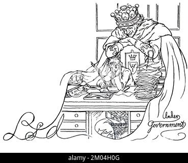 Melancholy King Watkins der erste illustrierte von F. D., Bedford aus dem Buch " The Magic Fishbone " von Charles Dickens, 1812-1870, Veröffentlichungsdatum 1922 Veröffentlicht von Frederick Warne & Co.Ltd. König Watkins der erste ist der Vater der liebenswerten und liebenswürdigen Prinzessin Alicia und ein Stamm von 18 weiteren Lieblingen. Zwischen ihren Geldproblemen, der Krankheit der Königin und den schaurigen Taten der Kinder, sind der König und seine älteste Tochter ziemlich überfordert von Verantwortung. Aber ein zufälliges Treffen mit der guten Fee Grandmarina bringt etwas Magie in ihr Leben und führt die ganze Familie an Stockfoto