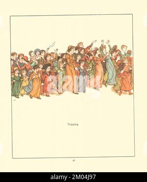 Auf einem Ausflug und Skipping, liefen sie fröhlich nach der wunderbaren Musik mit Geschrei und Lachen, illustriert von KATE GREENAWAY (1846-1901) englische Künstlerin und Schriftstellerin. For the Rattenfänger of Hamelin von Robert Browning, 1812-1889 Veröffentlicht von Warne 1910 Stockfoto