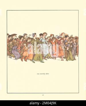 Auf einem Ausflug und Skipping, liefen sie fröhlich nach der wunderbaren Musik mit Geschrei und Lachen, illustriert von KATE GREENAWAY (1846-1901) englische Künstlerin und Schriftstellerin. For the Rattenfänger of Hamelin von Robert Browning, 1812-1889 Veröffentlicht von Warne 1910 Stockfoto