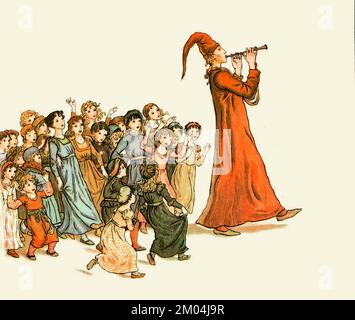 Auf einem Ausflug und Skipping, liefen sie fröhlich nach der wunderbaren Musik mit Geschrei und Lachen, illustriert von KATE GREENAWAY (1846-1901) englische Künstlerin und Schriftstellerin. For the Rattenfänger of Hamelin von Robert Browning, 1812-1889 Veröffentlicht von Warne 1910 Stockfoto