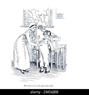 Sie schreibt ein C auf seine Brust mit Kreide von " Quality Street, a Comedy in Four Acts " von James Matthew Barrie, illustriert von Hugh Thomson, Publisher 1913 Herausgeber London Hodder & Stoughton Quality Street ist eine Comedy in Four Acts von J. M. Barrie, Geschrieben vor seinem berühmteren Werk Peter Pan. Die Geschichte handelt von zwei Schwestern, die eine Schule für sanfte Kinder gründen. Stockfoto