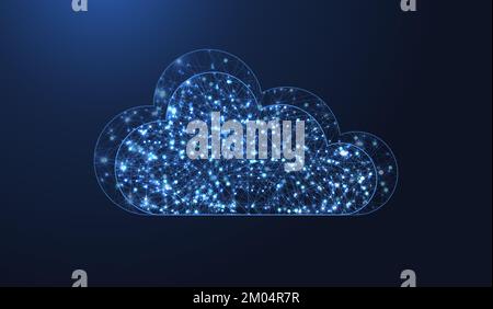 Illustration der Cloud-Computing-Technologie. Polygonales Drahtmodell-Wolkenspeicherzeichen mit Punkten und Linien. Hintergrundinformationen zur digitalen Computertechnik. Daten Stockfoto