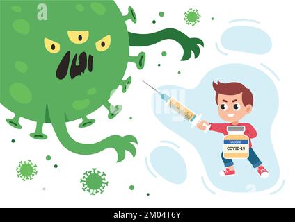 Geimpfter Junge, der das Coronavirus-Monster bekämpft. Vektordarstellung der Vakzination von Kindern im flachen Stil. Stock Vektor