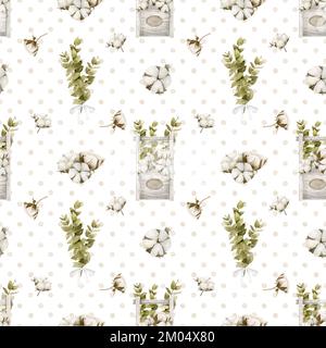 Nahtloses Aquarellmuster mit weißen Baumwollblumen und Eukalyptusblättern. Handgezeichnete Illustration für Geschenkpapier oder Textildesign. Hintergrund im rustikalen Stil mit Punktmuster. Isoliert Stockfoto