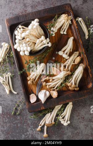 Weiße und braune essbare Buchenpilze oder Shimeji mit Kochzutaten auf Holzbrett auf dem Tisch. Vertikale Draufsicht von oben Stockfoto