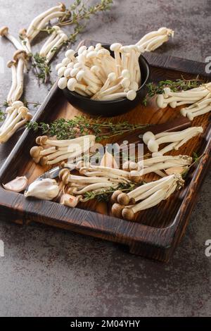 Weiße und braune essbare Shimeji-Pilze oder Buchen-Pilze mit Kochzutaten auf Holzbrett auf dem Tisch. Vertikal Stockfoto
