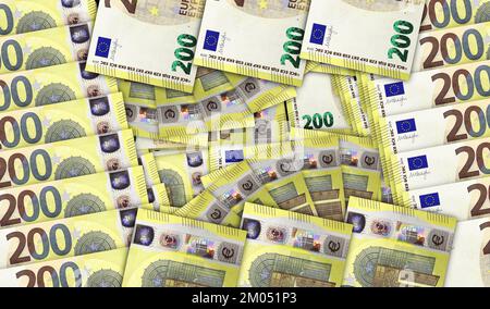 Euro-Banknoten in einem Bargeldfächermosaikmuster. 200-Euro-Banknoten der Europäischen Union. Abstraktes Konzept von Bank, Finanzwesen, ökonomischem Dekorationsdesign Hintergrund 3D Stockfoto