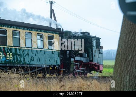 Putbus, Deutschland. 04.. Dezember 2022. Die Dampflokomotive 53 Mh (99 4633 mph) der kleinen Eisenbahn „Rasender Roland“ fährt einen Zug über die Insel Rügen. Der Zug fährt auf der Strecke Putbus-Göhren (24,5 km), dem letzten Stück eines ursprünglich 97 km langen Schmalspurbahnnetzes auf Rügen. Kredit: Stefan Sauer/dpa/Alamy Live News Stockfoto