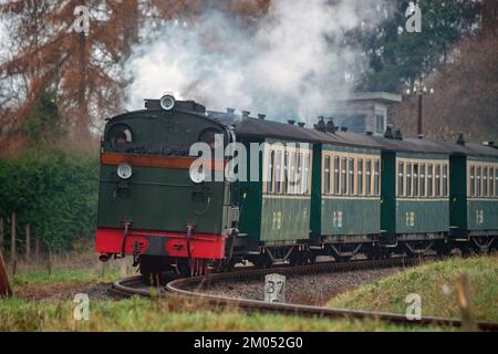 Putbus, Deutschland. 04.. Dezember 2022. Die Dampflokomotive 53 Mh (99 4633 mph) der kleinen Eisenbahn „Rasender Roland“ fährt einen Zug über die Insel Rügen. Der Zug fährt auf der Strecke Putbus-Göhren (24,5 km), dem letzten Stück eines ursprünglich 97 km langen Schmalspurbahnnetzes auf Rügen. Kredit: Stefan Sauer/dpa/Alamy Live News Stockfoto