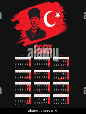 Türkischer Vektorkalender 2023. Kalender der Türkei 2023 zum Thema Atatürk. Türkei-Kalender 2023 Jahr. Stock Vektor