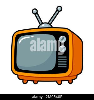 Vintage-Fernseher im süßen Cartoon-Stil. Orangefarbener Fernseher mit Antenne. Vektor-Clip-Art-Illustration. Stock Vektor