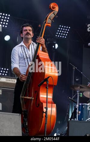 Sänger und Doppel-Bass-Spieler der Rockabilly-Band Johnny Montreuil auf der Bühne Stockfoto