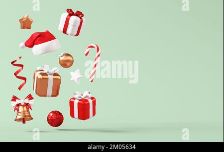 Vorlage für Weihnachtsbanner mit schwebenden Verzierungen, Geschenken und Weihnachtsmannmütze auf grünem Hintergrund in 3D-Abbildung Stockfoto
