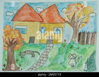 Farbenfrohes Kinderbild mit Wasserfarben. Herbstlandschaft mit Häusern und Katzen Stockfoto