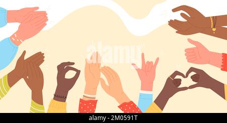 Hände von Menschen klatschen und applaudieren Vektordarstellung. Cartoon fröhliche multikulturelle menschliche Arme respektieren und gratulieren mit Daumen hoch und Applaus, Grußgesten und Beifall, positivem Feedback Stock Vektor