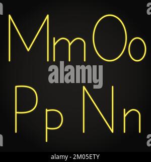 Leuchtende Neonbuchstaben M, N, O und P. leuchtende Buchstaben. Vektordarstellung. Stock Vektor