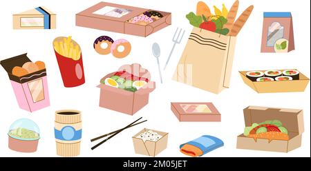 Essen in Papierkartons mitnehmen. Papppackung, Mittag- und Abendessen, frisches Frühstück und Kaffee. Einkaufstüte mitnehmen, anständige Desserts Stock Vektor