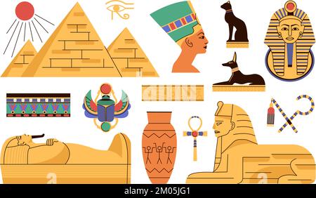 Ägyptische flache Elemente, Skulpturen und ägyptische Baupyramiden. Oase Wahrzeichen Denkmäler, historischer antiker pharao und Architektur anständige Vektorausrüstung Stock Vektor