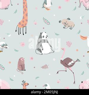 Flacher Cartoon-Dschungel-Tierdruck. Wildtiersafari in afrika, Zoofiguren, kindliches Nahtmuster. Heute Textil mit Panda und Giraffe Vektor Stock Vektor